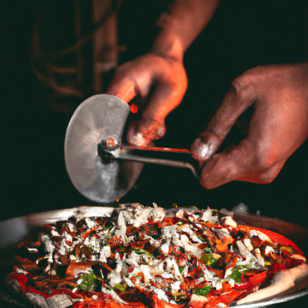 Chef preparing spicy pizza with tandoori paneer in an Indian kitchen