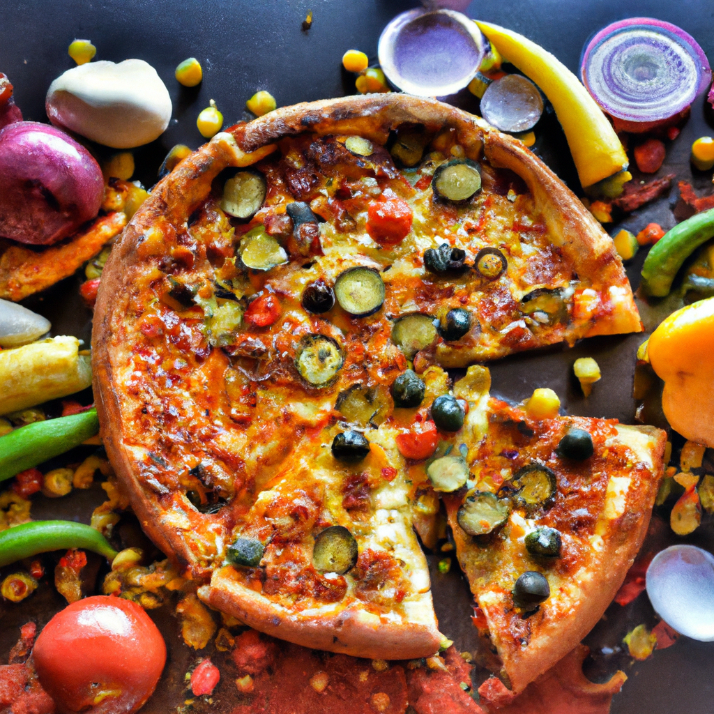 Masala Slice pizzeria contact hero with fresh margherita pizza on rustic wood table, spices, vibrant vegetables