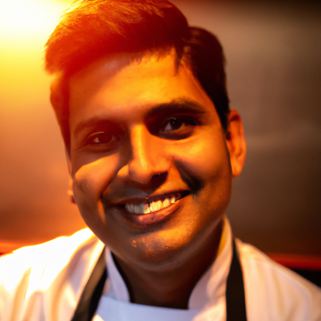 Executive Pizza Chef smiling in warm kitchen light wearing white apron